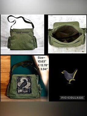 Olive Green Canvas Messenger Bag with Raven Design